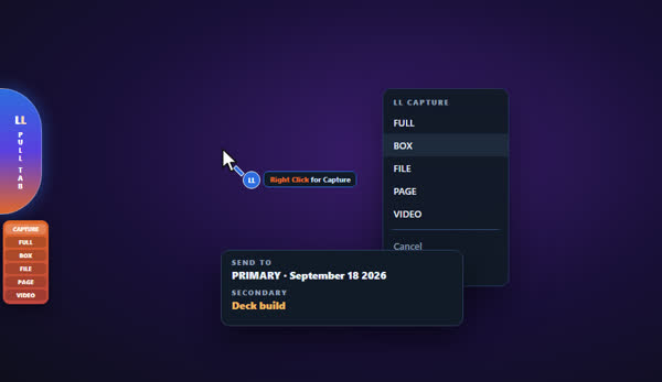 The capture pointer: the LL badge on the cursor's tail, the right-click ring, and the send-to card