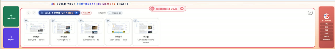 The chain builder stage holding a Deck build chain of five captures