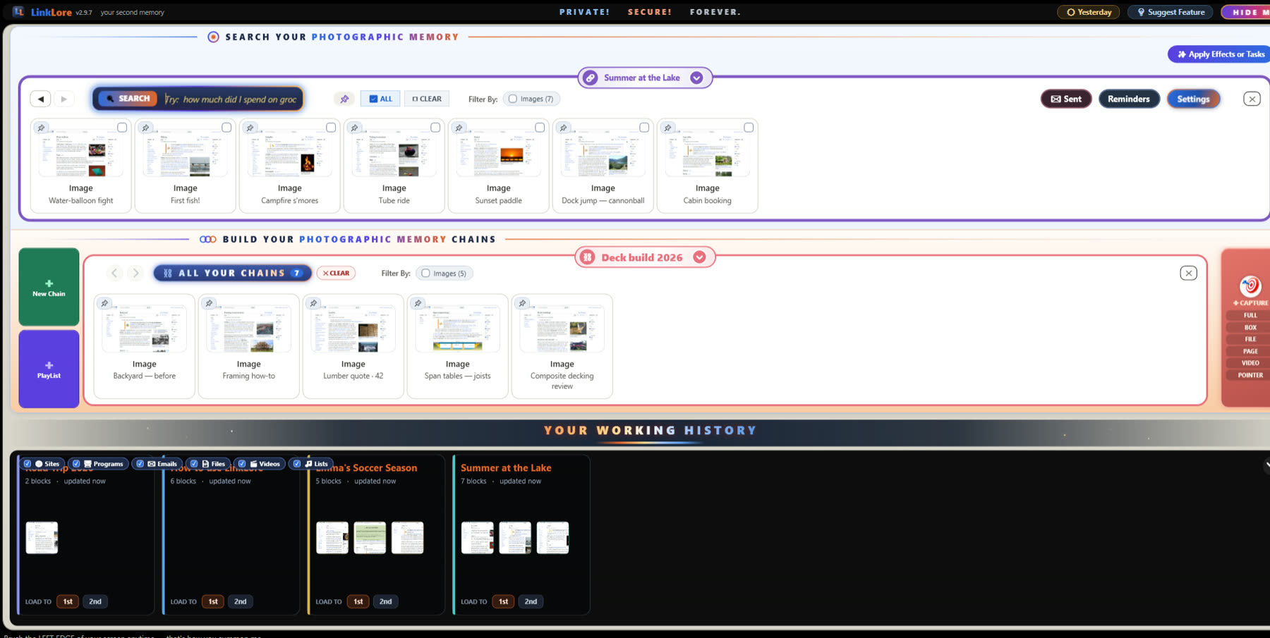 LinkLore on a desktop: the search room on top, the chain builder below it, and Your Working History along the bottom, all holding real captures