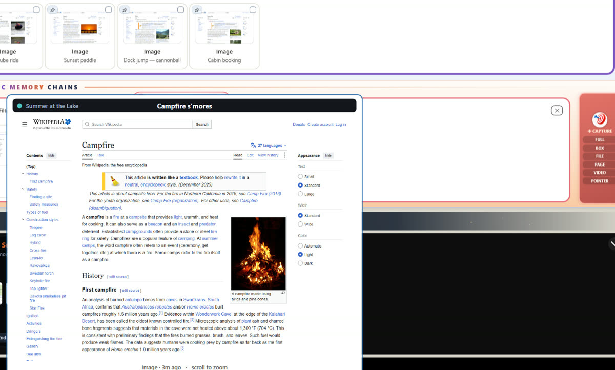 Hovering a block shows the whole captured page in a large preview